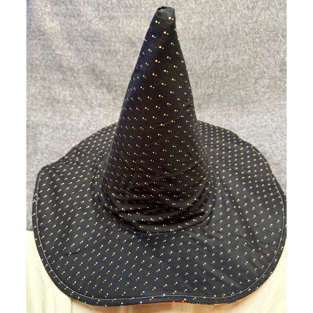 Handmade Quilted Reversible Witch Hat Orange Spider Web Bk Polka Dot Halloween